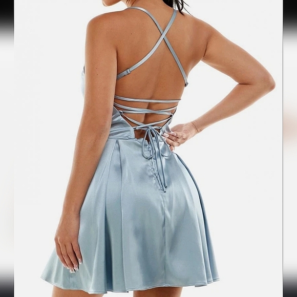 Speechless Satin Lace Up Short Fit & Flare Dress Lightweight Solid Sleeveless‎ 9 - Picture 2 of 7